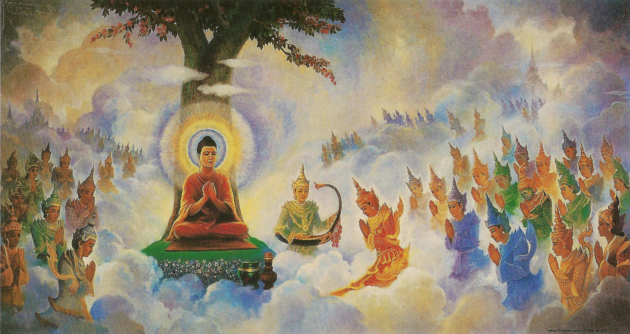 Buda enseñando el Abhidharma en el segundo cielo